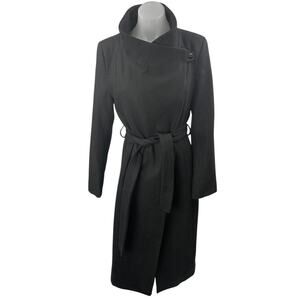 Kenneth Cole Black Long Sleeve Stand Collar Tie Waist Trench Coat Jacket Size 6